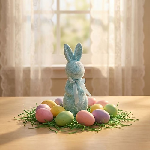Osterkorb-Füllung: Stehender Osterhase, hochwertige Nachbildung mit glitzernder rosa Schleife, Dekoration für Haus, Garten oder Hof Image
