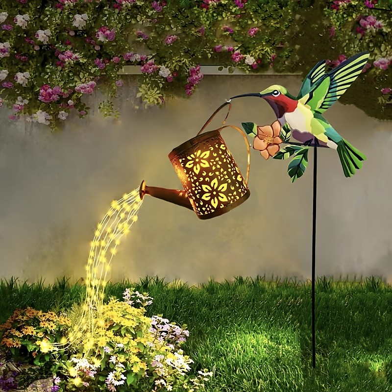 1 Pc Outdoor Solar Hummingbird Hollow Metal Watering Can Waterfall Light - IP44 Waterproof Garden, Patio, Lawn, Pathway Landscape Stake Light, Decorative Garden Light