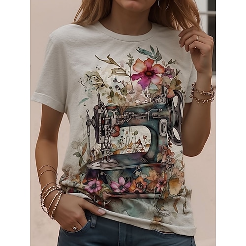 Damen T Shirt Druck Grafik Tiermotiv Pflanzen Vintage Stilvoll Klassisch Kurzarm Rundhalsausschnitt Rundhals Normale Oberteile Täglich Wochenende Schwarz Weiß Gelb Rosa Schwarz Weiß Sommer Frühling Image