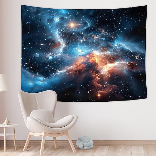 Science-Fiction-Weltraumplanet, leuchtend blau, ringförmig, vulkanische Berglandschaft, Nebel, Galaxie, Wandteppich, Schlafzimmer, Wohnzimmer, Studentenwohnheim, Spielzimmer, ästhetische Kulisse Image