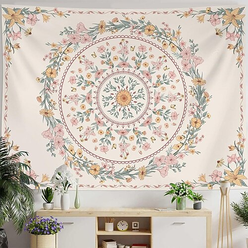 Neutrales florales Mandala-Muster, rosa Blüten, braune Blätter, botanisches Kreismuster, cremefarbener Wandteppich, Wandbehang, Schlafzimmer-Kopfteil, Wohnzimmer, Studentenwohnheim, ästhetische Image