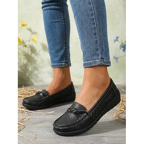 Perforierte Damen-Mokassins/Loafer – bequeme weiße Slipper mit geflochtenen Details für Alltag, Büro und Freizeit. Image