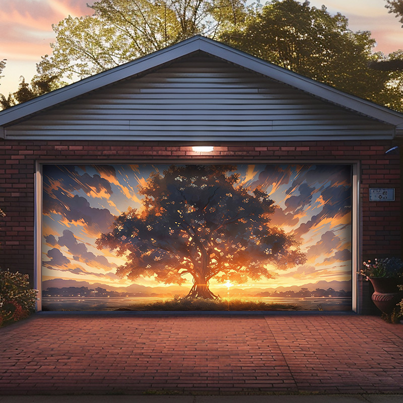 Japanese Zen Garden Spring Landscape Pink Cherry Blossom Sakura Trees Pavilion Arch Bridge Mountain Garage Door Banner Outdoor Mural Wall Decor Garden Party Backdrop
