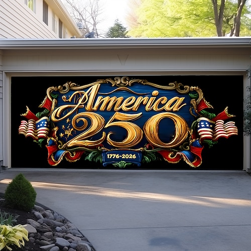 250. Jahrestag der USA, 250 Freiheit, Weißkopfseeadler, amerikanische Flagge, Feuerwerk, Garagentorbanner, patriotische Außendekoration, Unabhängigkeitstag, 4. Juli, Kulisse für die Feierlichkeiten Image