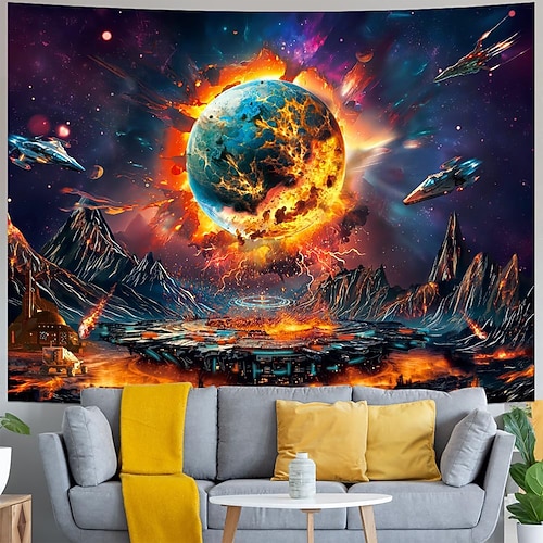 Science-Fiction-Weltraumplanet, leuchtend blau, ringförmig, vulkanische Berglandschaft, Nebel, Galaxie, Wandteppich, Schlafzimmer, Wohnzimmer, Studentenwohnheim, Spielzimmer, ästhetische Kulisse Image