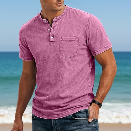 Herren T Shirt Henley Hemd Hemd aus 100 % Baumwolle in Säurewaschung T-Shirt Kurzarm Stehkragen Henley Herbst Winter Sommer Frühling Einfach Vintage Streetwear Lässig Verblasst Gewaschen Raglanärmel Image