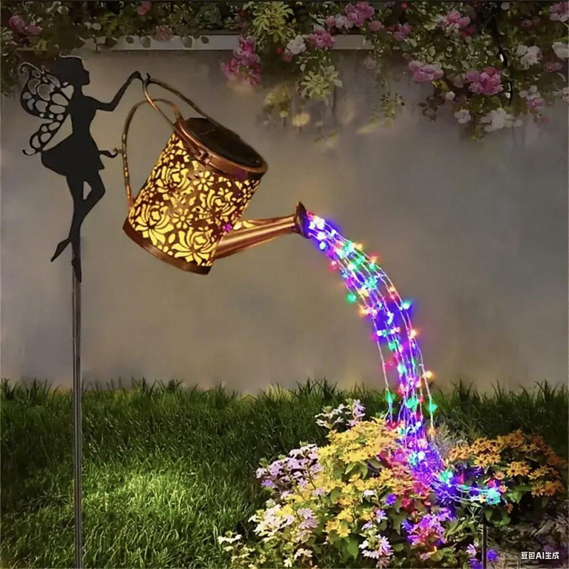 1 Pc Outdoor Solar Angel Metal Hollow Watering Can Waterfall Light, IP44 Waterproof Projection Lamp, Garden Pathway Lawn Yard Villa Decoration, 63cm Landscape Light for Patio, Backyard, and Outdoor Dé