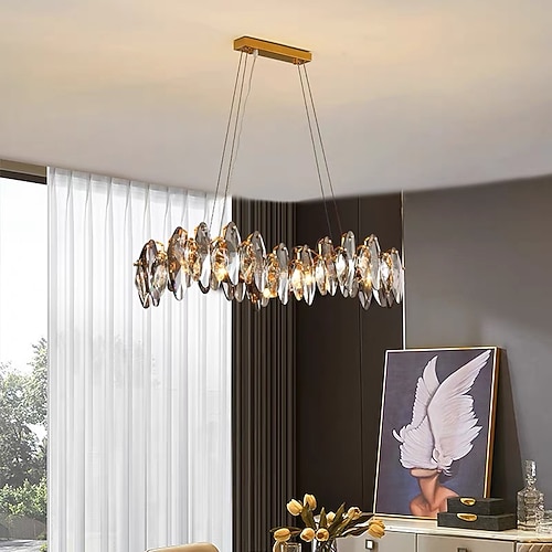 Kristall-Kronleuchter, luxuriös, 90 cm, goldener Kronleuchter, schöner grauer, funkelnder Kristallblatt-moderner Kronleuchter für Kücheninsel, Wohnzimmer, Esszimmer, Schlafzimmer, Lichter, 6 Lichter Image