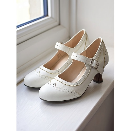 Vintage Mary Janes für Damen aus den 1950er Jahren – elegante schwarz-weiße zweifarbige Oxford-Pumps mit Brogue-Verzierung und Blockabsatz für Retro-Partys und Bürokleidung Swing-Tanz Image