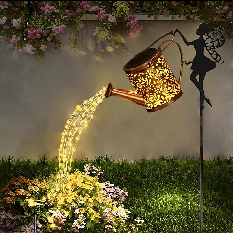 1 Pc Outdoor Solar Angel Metal Hollow Watering Can Waterfall Light, IP44 Waterproof Projection Lamp, Garden Pathway Lawn Yard Villa Decoration, 63cm Landscape Light for Patio, Backyard, and Outdoor Dé