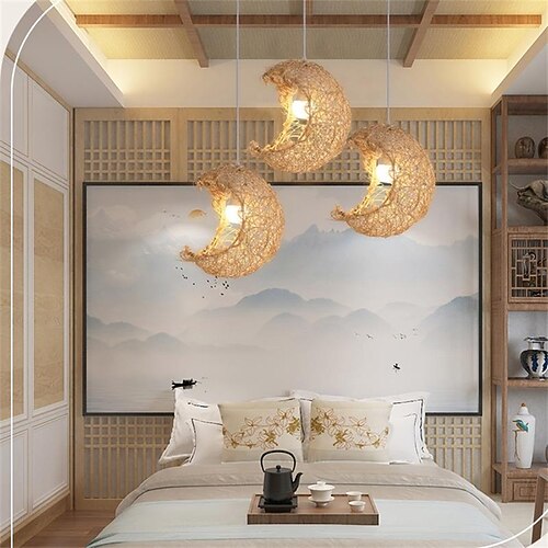 LED Pendelleuchte Bambus Laterne Design Kronleuchter Retro 32cm E26/E27 Kronleuchter Deckenbeleuchtung ist anwendbar auf Wohnzimmer Schlafzimmer Restaurant Café Bar Restaurant Club Image