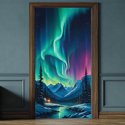 Nordlichter, borealis-Wald, Türbanner, Sternenhimmel, Baumsilhouetten, Seespiegelung, Winterlandschaft, Türverkleidung für Schlafzimmer, Wohnzimmer, Wandbild Image
