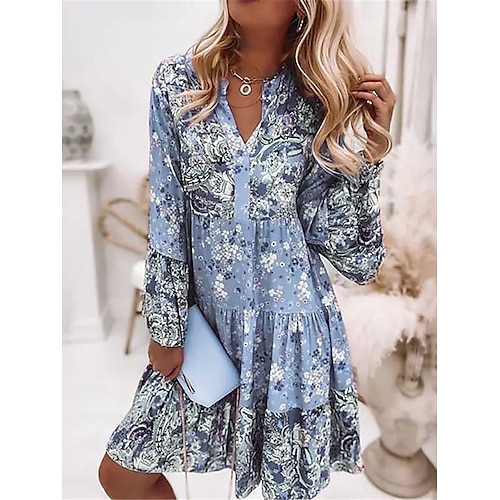 Damen Minikleid Freizeitkleid Boho-Kleid Frühlingskleid Urlaub Streetwear Urlaub Straße Ferien Normale Passform Blumen Langarm V-Ausschnitt Rosa Blau Grün Sommer Frühling Image