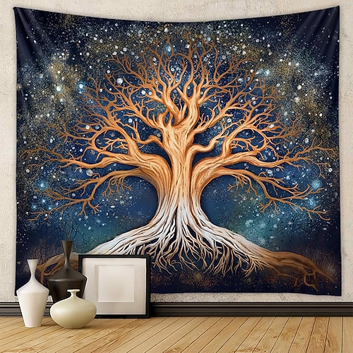 Mystischer Lebensbaum, himmlischer Ahnenbaum, leuchtend goldene Wurzeln, Galaxie, sternenklare Nacht, blauer, funkelnder Sternenstaub, Wandteppich, Schlafzimmer, Wohnzimmer, Studentenwohnheim, Image