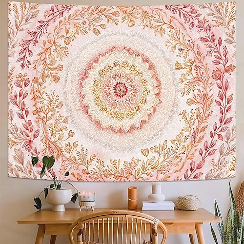 Rosa florales Mandala, zartorangefarbener Wandteppich mit filigranem Kreismuster aus Blättern und Ranken, Aquarellkunst, Wandbehang für Schlafzimmer, Wohnzimmer, Studentenwohnheim, Yoga- und Image
