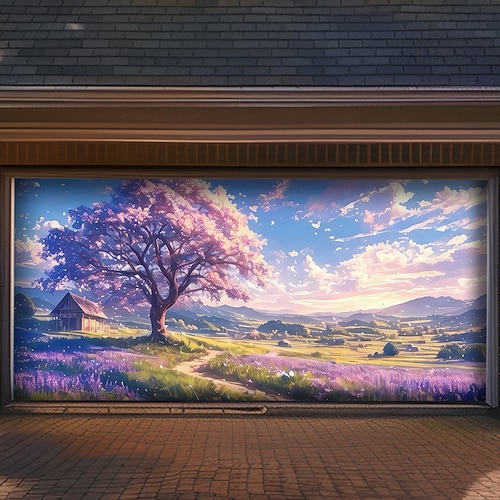 Japanischer Zen-Garten, Frühlingslandschaft, rosa Kirschblüten (Sakura), Pavillon, Bogenbrücke, Berg, Garagentor, Banner, Wandmalerei im Freien, Wanddekoration, Gartenparty-Kulisse