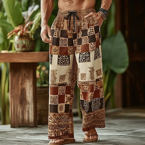Herren Farbblock Geometrisches Muster Ethnisch Hose Baggy-Hosen Freizeithose Mittlere Taille Boho Vintage-Retro Heim Outdoor Urlaub Elastischer Kordelzug in der Taille Leinenähnliche Hose mit Taschen Image
