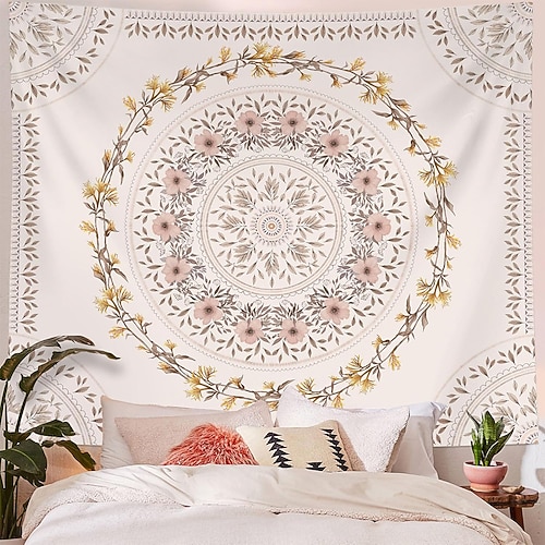 Neutrales florales Mandala-Muster, rosa Blüten, braune Blätter, botanisches Kreismuster, cremefarbener Wandteppich, Wandbehang, Schlafzimmer-Kopfteil, Wohnzimmer, Studentenwohnheim, ästhetische Image