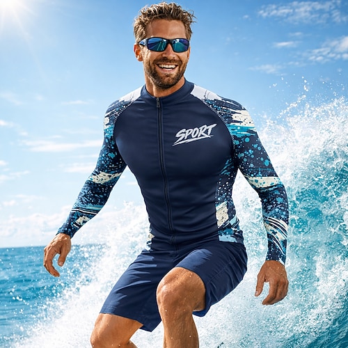Herren Mittel Anti UV Shirt Rashguard-Badeshorts T-Shirt zum Schwimmen Abstrakt UPF50 UV Schutz Schnelltrocknend Langarm Bademode Schutz gegen Hautausschlag Surfen Kanufahren Strand Sommer Image