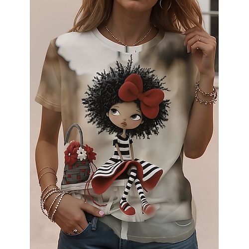 Damen T Shirt Druck Grafik Tiermotiv Vintage Stilvoll Klassisch Kurzarm Rundhalsausschnitt Rundhals Lange Oberteile Täglich Wochenende Hell Beige Weiß Khaki Sommer Frühling Image