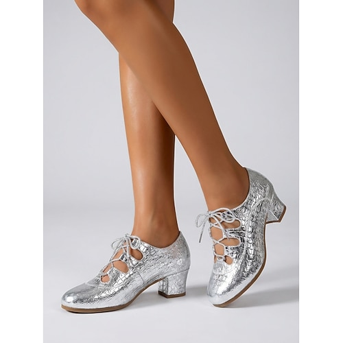 Schwarze Damen-Tanzschuhe aus Lackleder mit Schnürung – bequeme professionelle Tanzschuhe mit Absatz Image