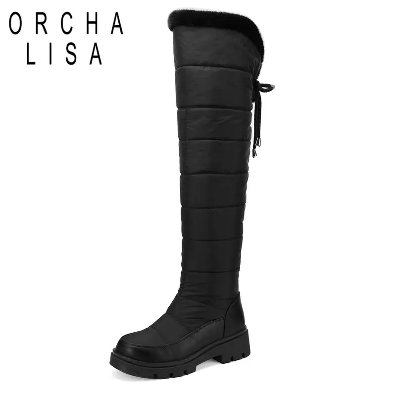 ORCHA LISA 2025, Overknee-Schneestiefel für Damen, runde Zehenpartie, Blockabsatz, Schnürung, wasserdicht, warm, Freizeit, Alltag, Größe 42–44 Winter