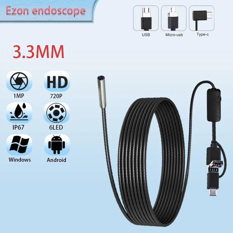 1 MP 3,3-mm-Industrie-Endoskopkamera für die Motorinspektion USB Typ-C Android 3-in-1-Endoskopsonde mit weichem Draht Image
