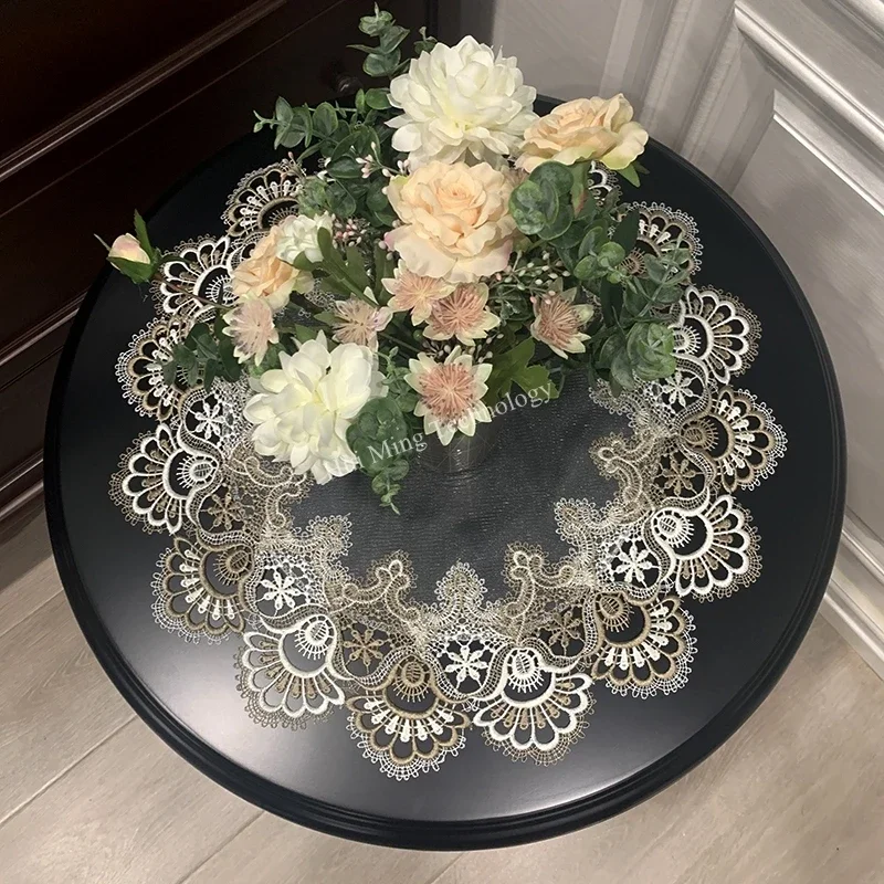 Tischdecke, runde Tischdecke, Esstisch-Abdeckung, bestickt, amerikanische Kunst, Spitze, Doppelgarn, transparente Scheibe, Heim-Tischdekoration Image