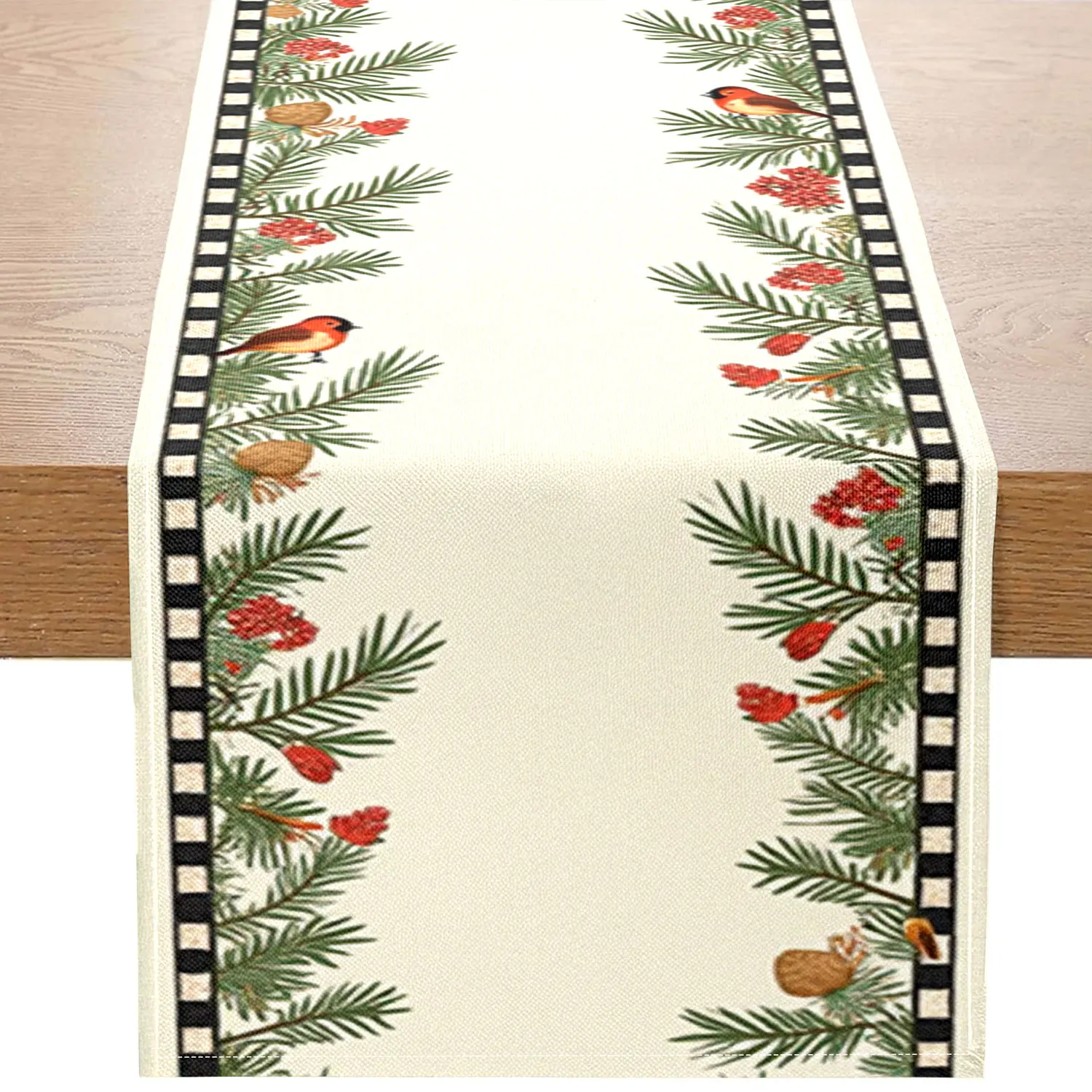 1-teiliger Weihnachts-Tischläufer mit Blumen- und Vogelthema, verziert mit Tannenzweigen, Weihnachtssterne und Blumenmustern, geeignet für Weihnachtsfeiern und Urlaubsdekoration Image