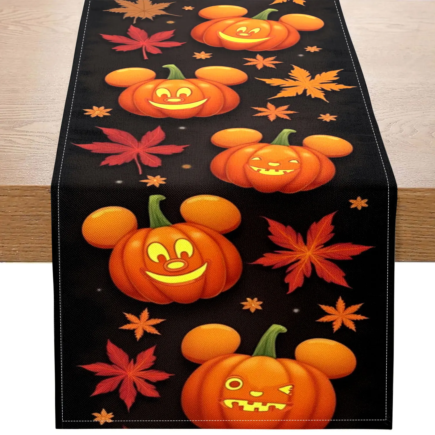 1 Tischläufer mit Halloween-Motiv, verziert mit Kürbissen, Herbstblättern und Sternen, geeignet für Urlaubspartys Image