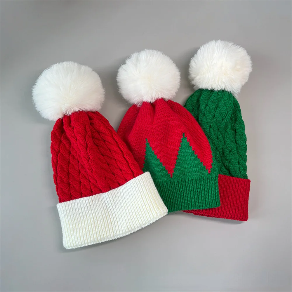 Winter Pelz Pom Poms Hut Winter Hut Für Erwachsene Kinder Hut Gestrickte Mützen Kappe Hut Dicke Weihnachten Weihnachten Santa Skullies Beanies Image
