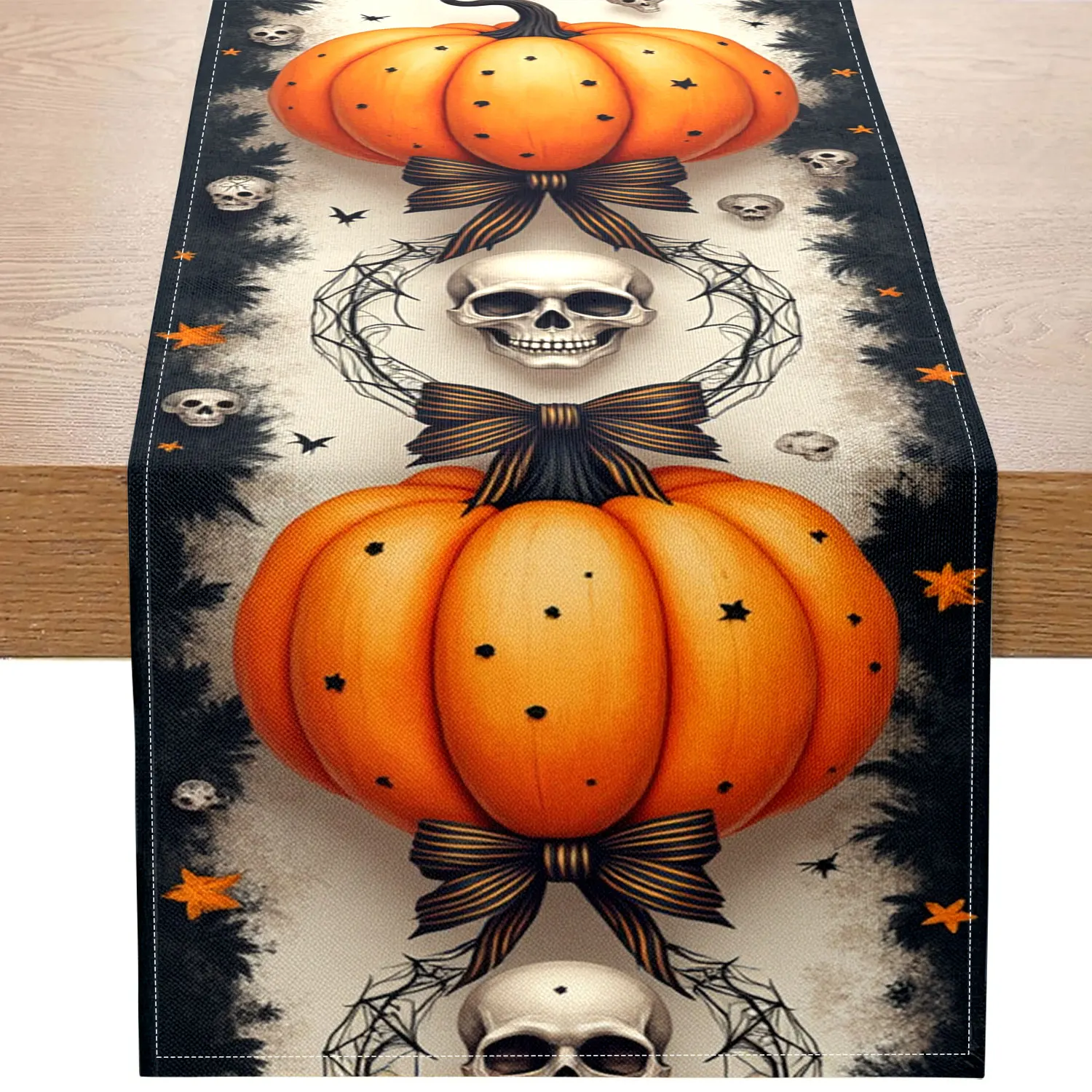 1-teiliger Halloween-Tischläufer mit dunklem Thema, mit Schleifen, Punkten, Kürbissen, Totenköpfen und Spinnennetzmustern, geeignet für Halloween-Partys und dunkle Dekorationen Image