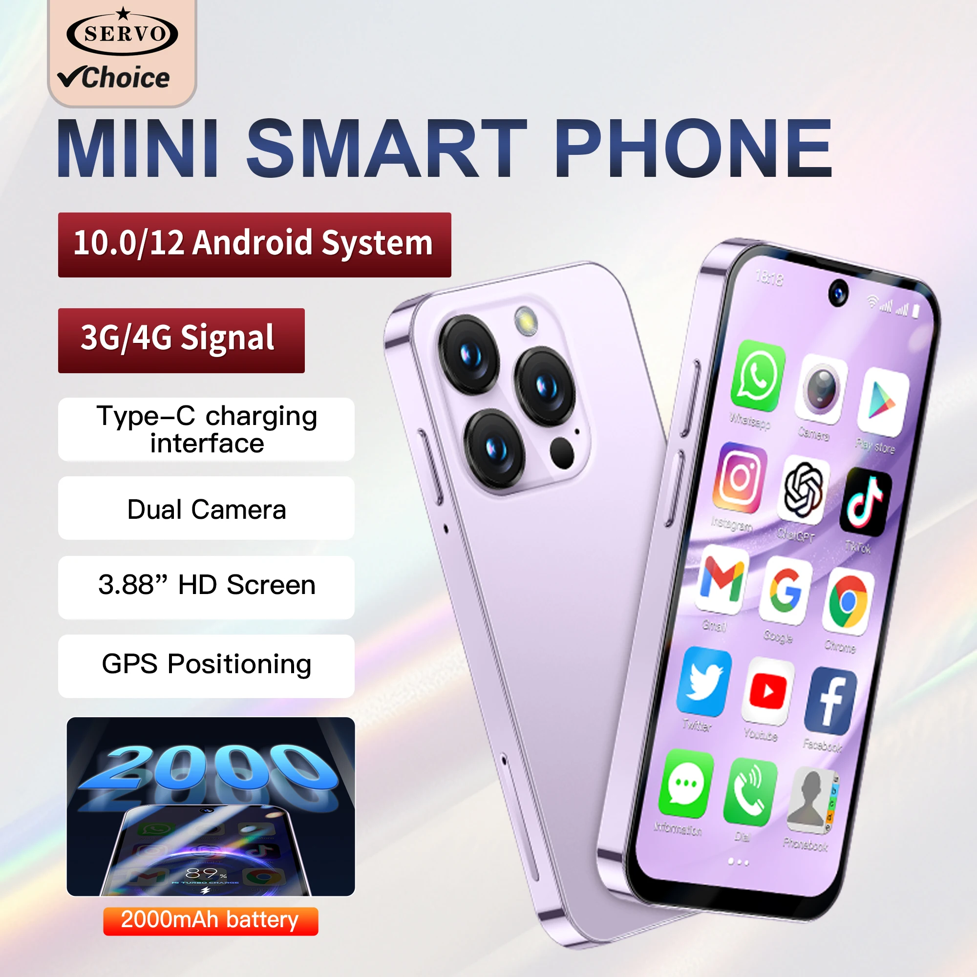 SERVO Mini-Android-Smartphone, 3,88-Zoll-Display, 4G LTE/3G WCDMA, 4 GB + 128 GB/2 GB + 16 GB, 2000 mAh Akku, Kamera, kleines Mobiltelefon Typ C Image