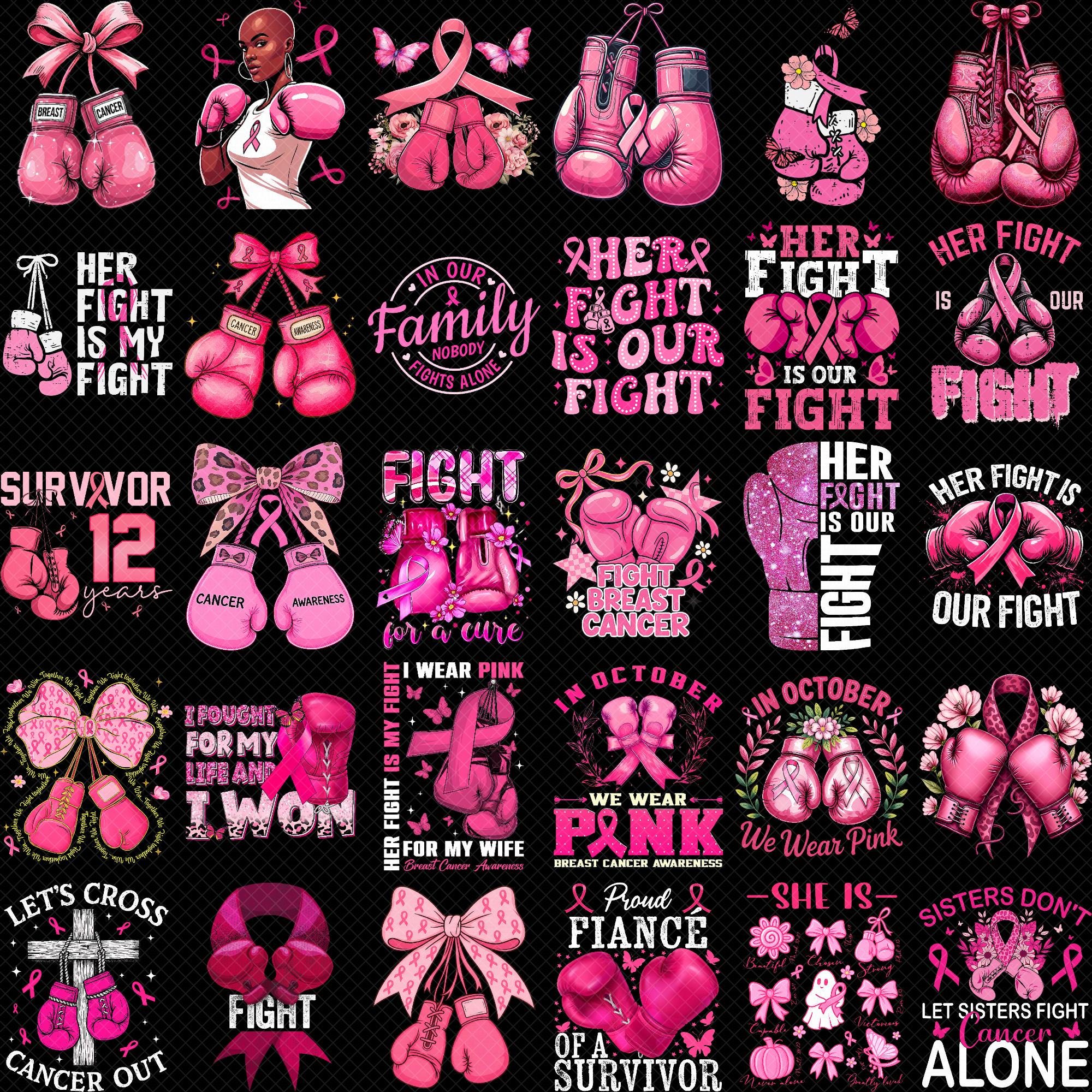 "Pacchetto PNG per la sensibilizzazione sul cancro al seno, guantoni da boxe con nastro rosa, sublimazione \"La sua lotta è la mia lotta\", download digi"
