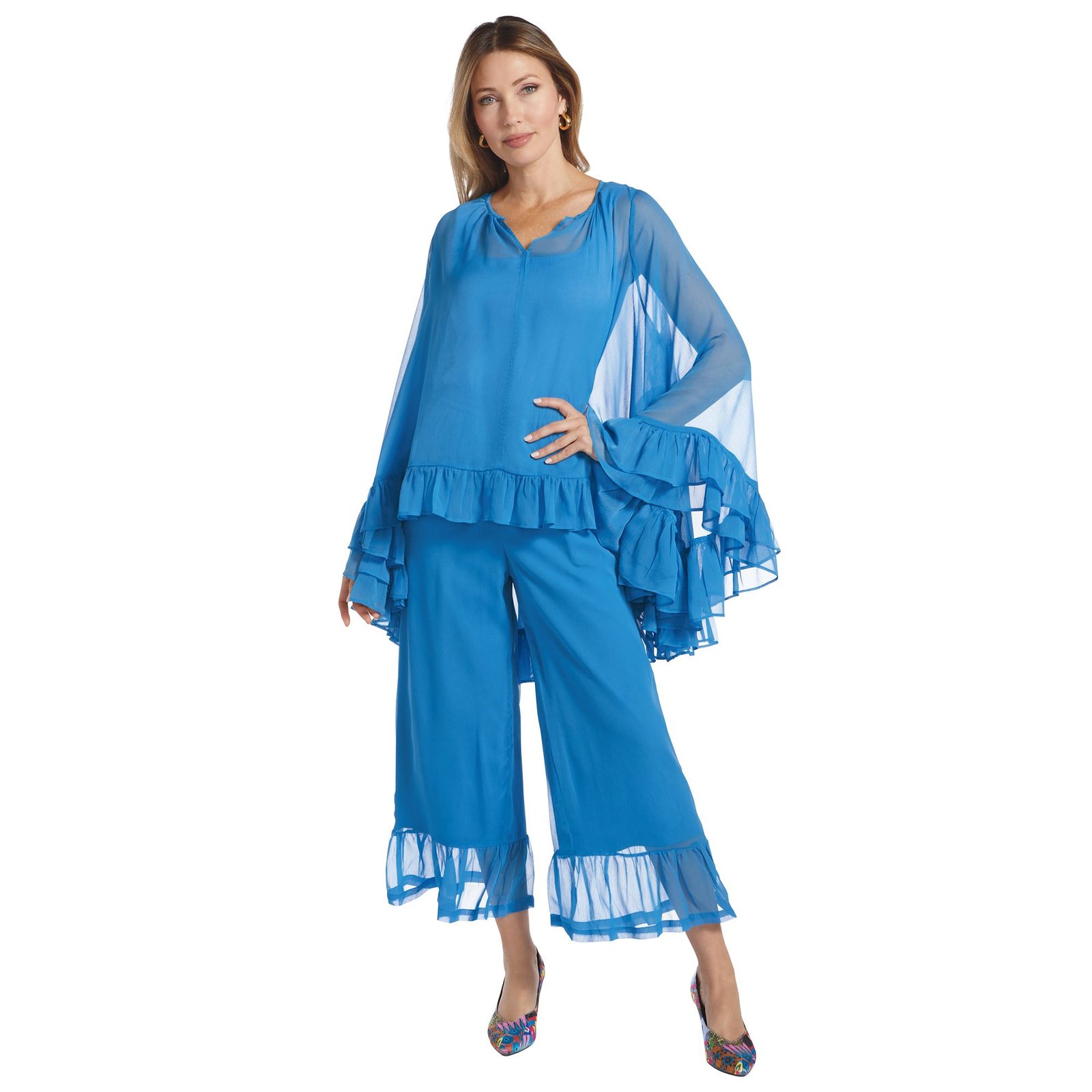 Masseys Ruffle Pant Set (Size L) French Blue, Elastine,Polyester,Viscose