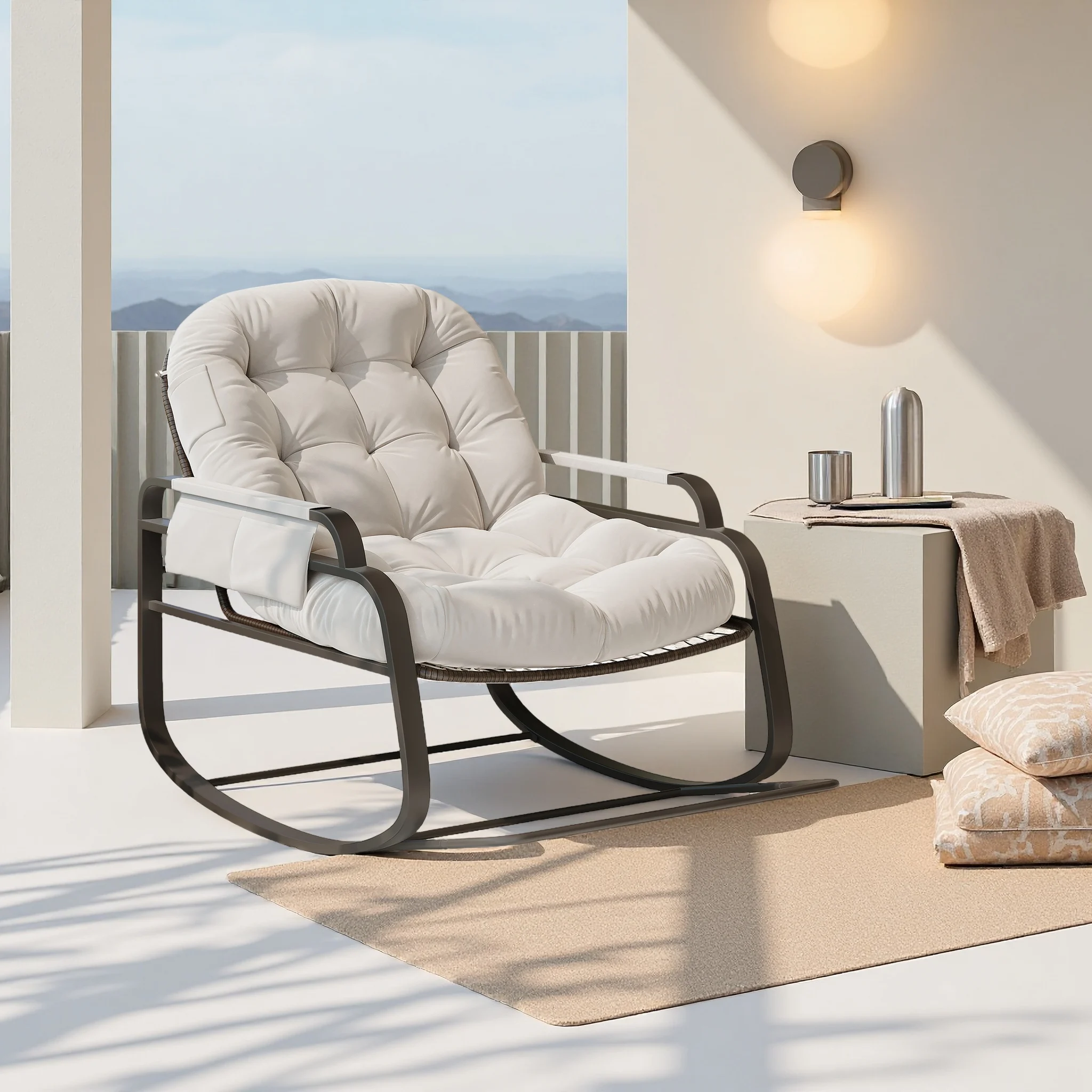 Schaukelstuhl, Liegesessel gepolstert, Schaukelstuhl mit Armlehnen, lang, in Rtin, Leinen, Beige