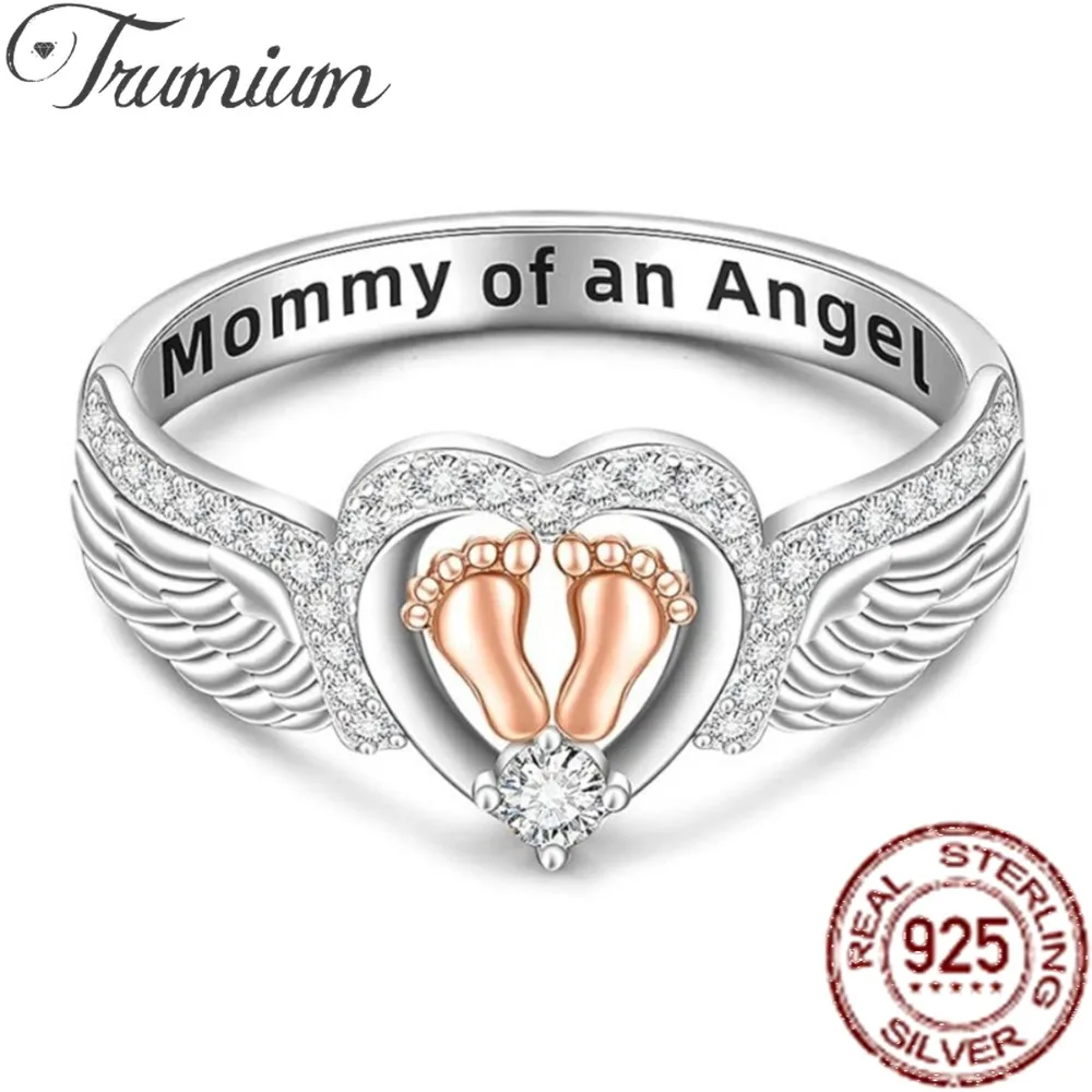 Trumium 925 Sterling Silber Mutter-Kind-Fuß-Engelsflügel-Ringe als bestes Geschenk zum Muttertag, Mama eines Engels, kreativ geschnitzt Image