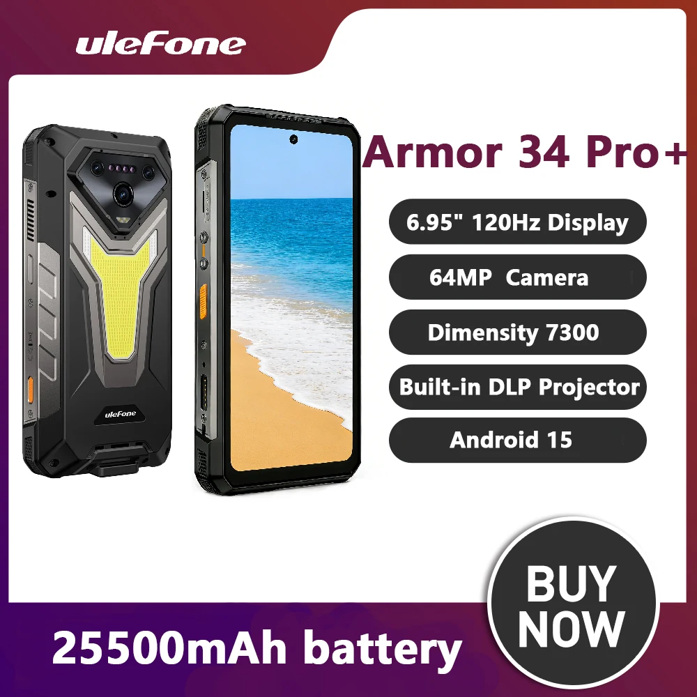 Ulefone Armor 34 Pro+ 32GB+512GB 5G AI Outdoor-Smartphone 25500mAh 6,95 Zoll Eingebauter Projektor 120Hz Android 15 MTK 7300 NFC Smartphone