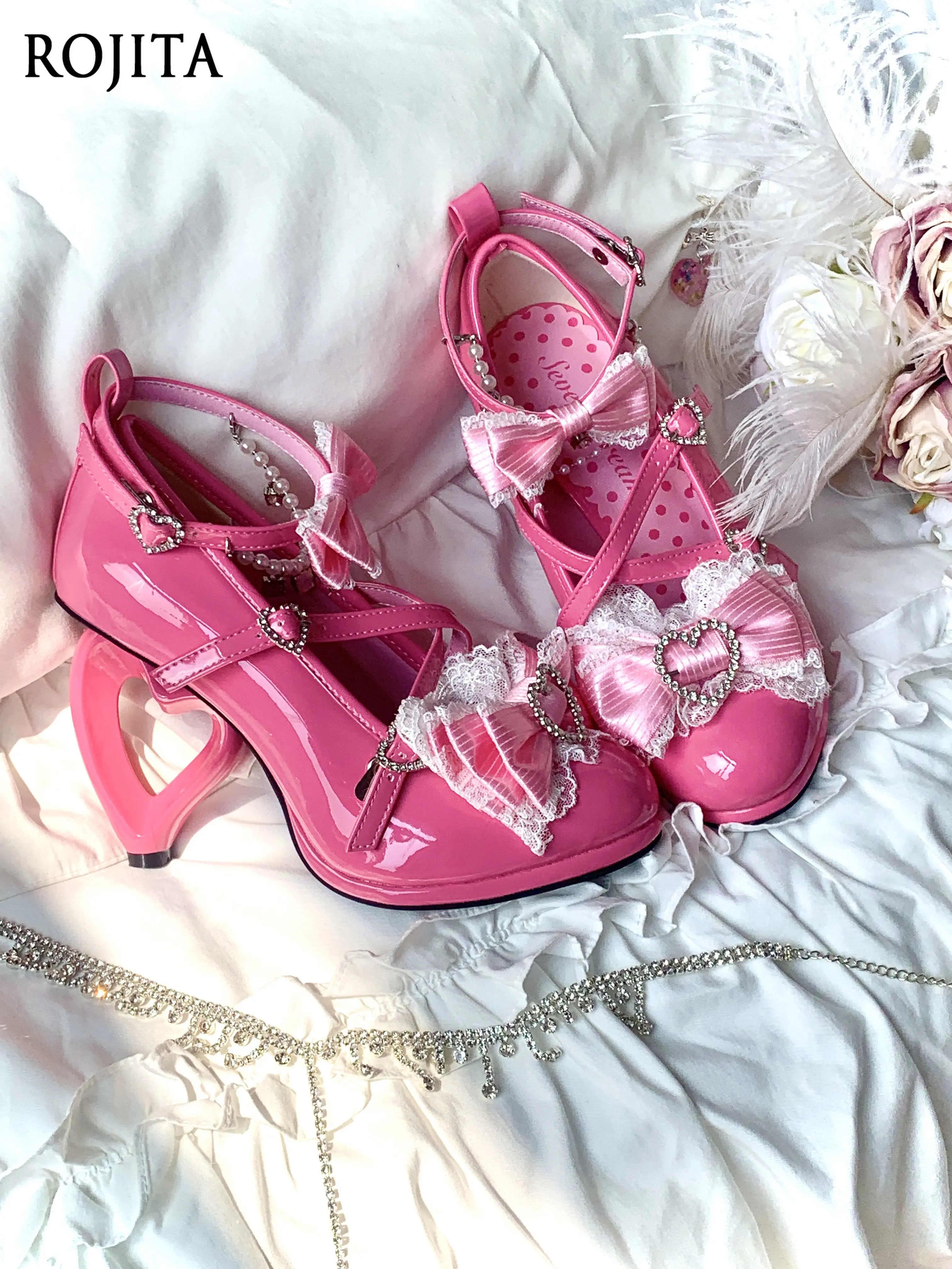 2026 Frühling Rosa Einzelschuhe Original Lolita Herz-Schleife High Heels Japanischer Stil Schuhe mit Hohlem Absatz Kawaii Schuhe