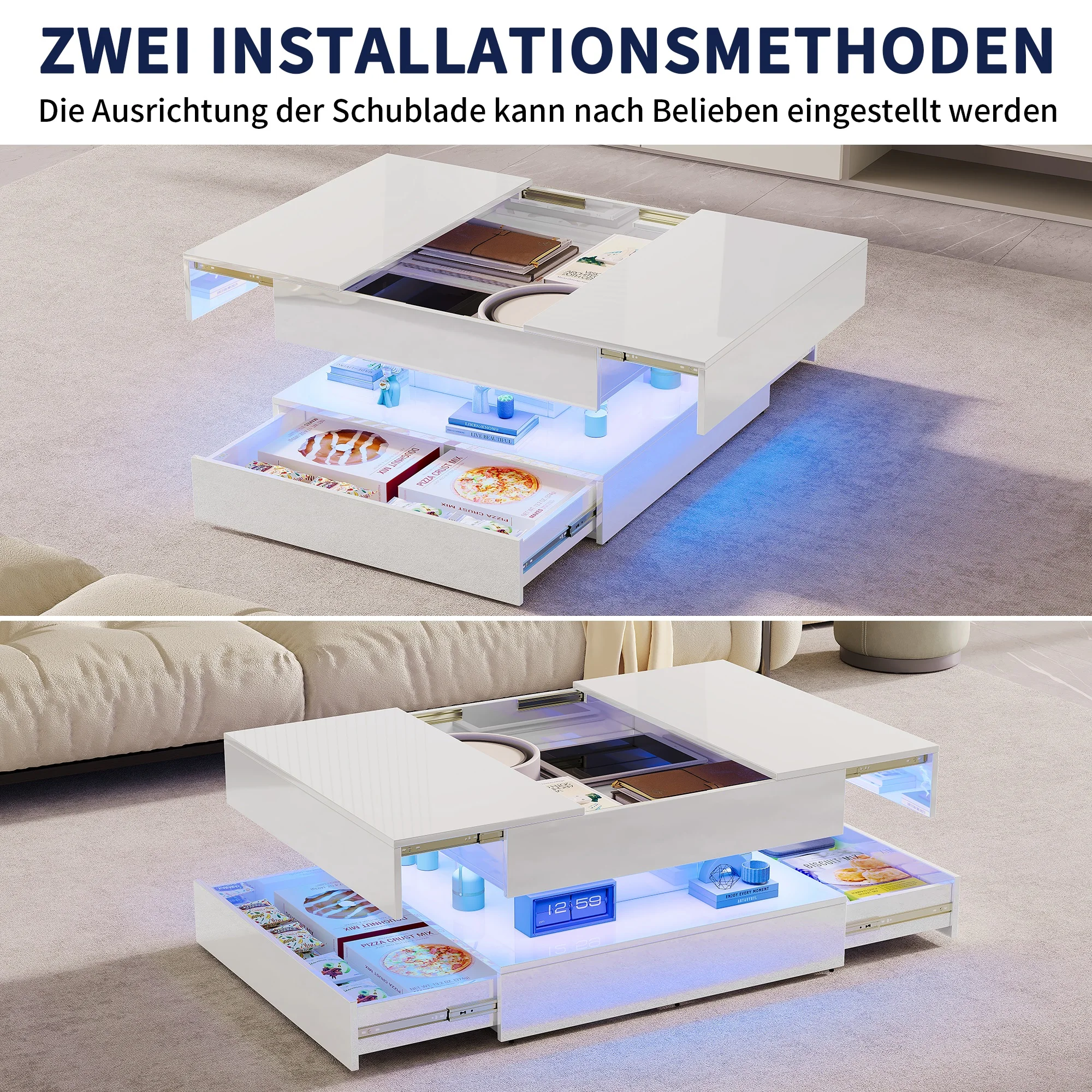 Superaly Quadratischer Couchtisch, Hochglanz-Teetisch mit 2 Schubladen, Beistelltisch mit LED-Farbwechselbeleuchtung und Fernbedienung Image