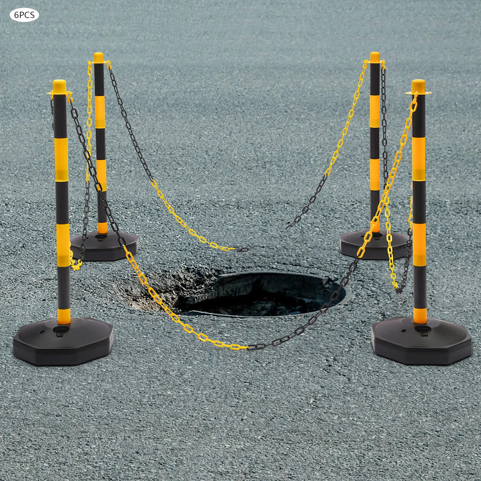 85cm Sicherheitspoller 6 Stück Gelb-Schwarz PE 28,5cm Basis 2m Kette Freistehende Barriere für Parkplatz und Menschenlenkung Image