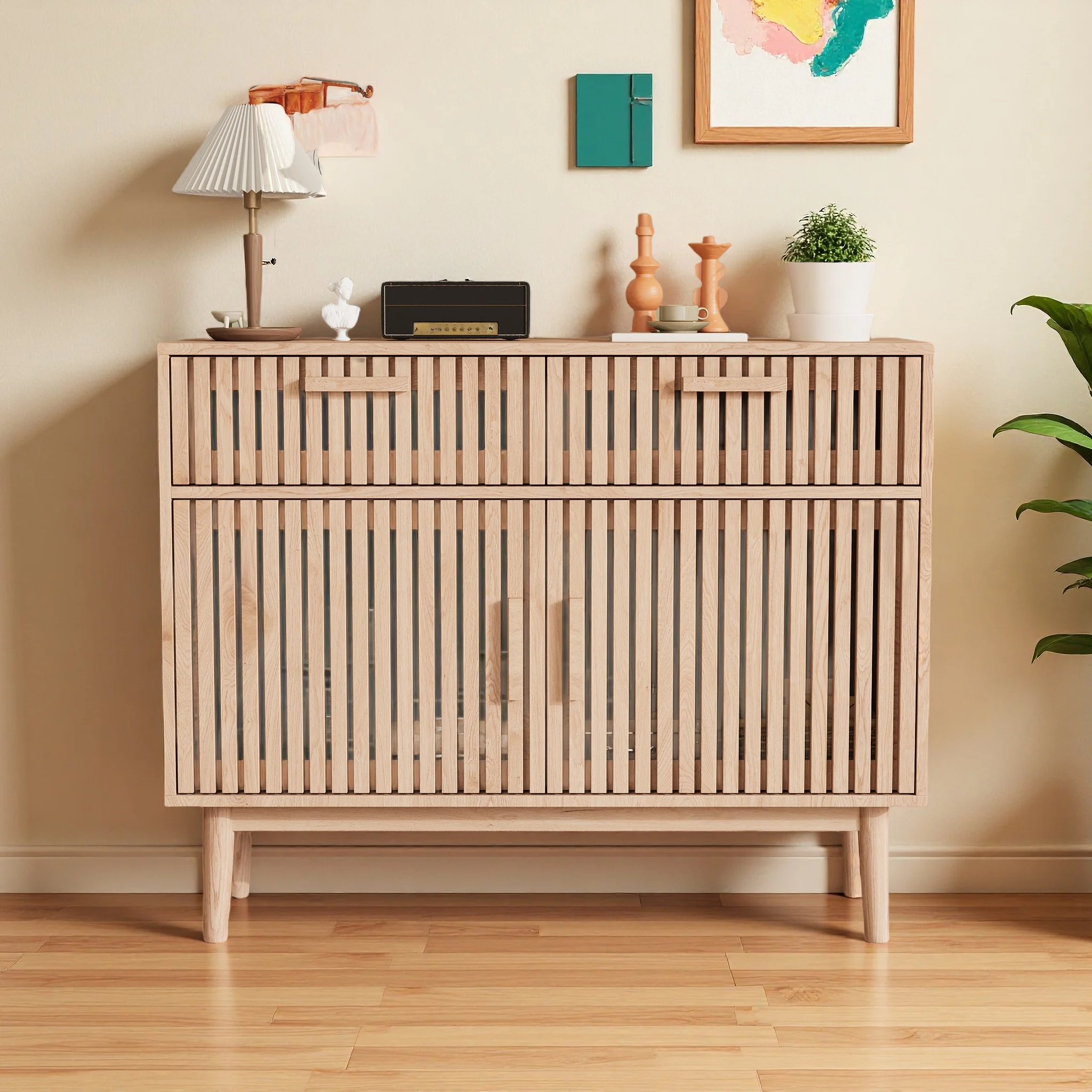 Comanlai Sideboard Kommode mit 2 Schubladen und 2 Türen Moderner Küchenschrank Holz-Buffetschrank für Esszimmer