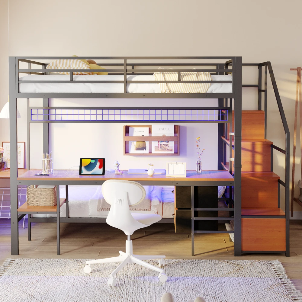 140*200cm und 90*200cm Metall-Etagenbett, Multifunktionsbett mit Schreibtisch und LED, mit Steckdosen, offenem Stauraum und Stoffschubladen Image