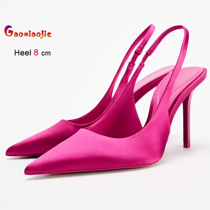 2023 neue Rosa Schlanke High Heels Frauen Schuhe Spitz Seide Satin Damen Pumps Zurück Strap Sandalen Flacher Mund Stiletto Party Schuhe
