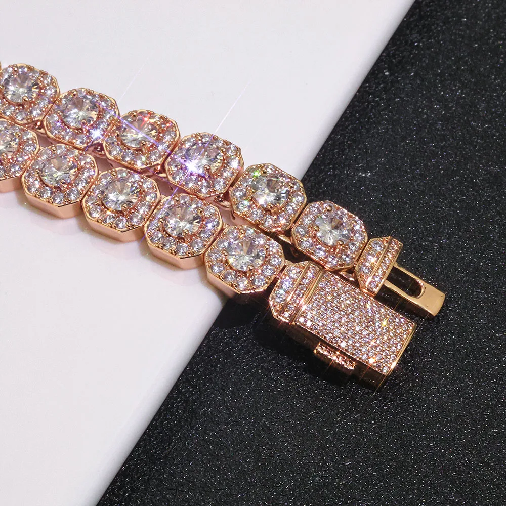 Hip Hop Schmuck Männer Rock Cluster Tennis Halsband 10mm 12mm Breite Iced Out Armband Halskette Rose Gold vergoldet Tennis Kette Image