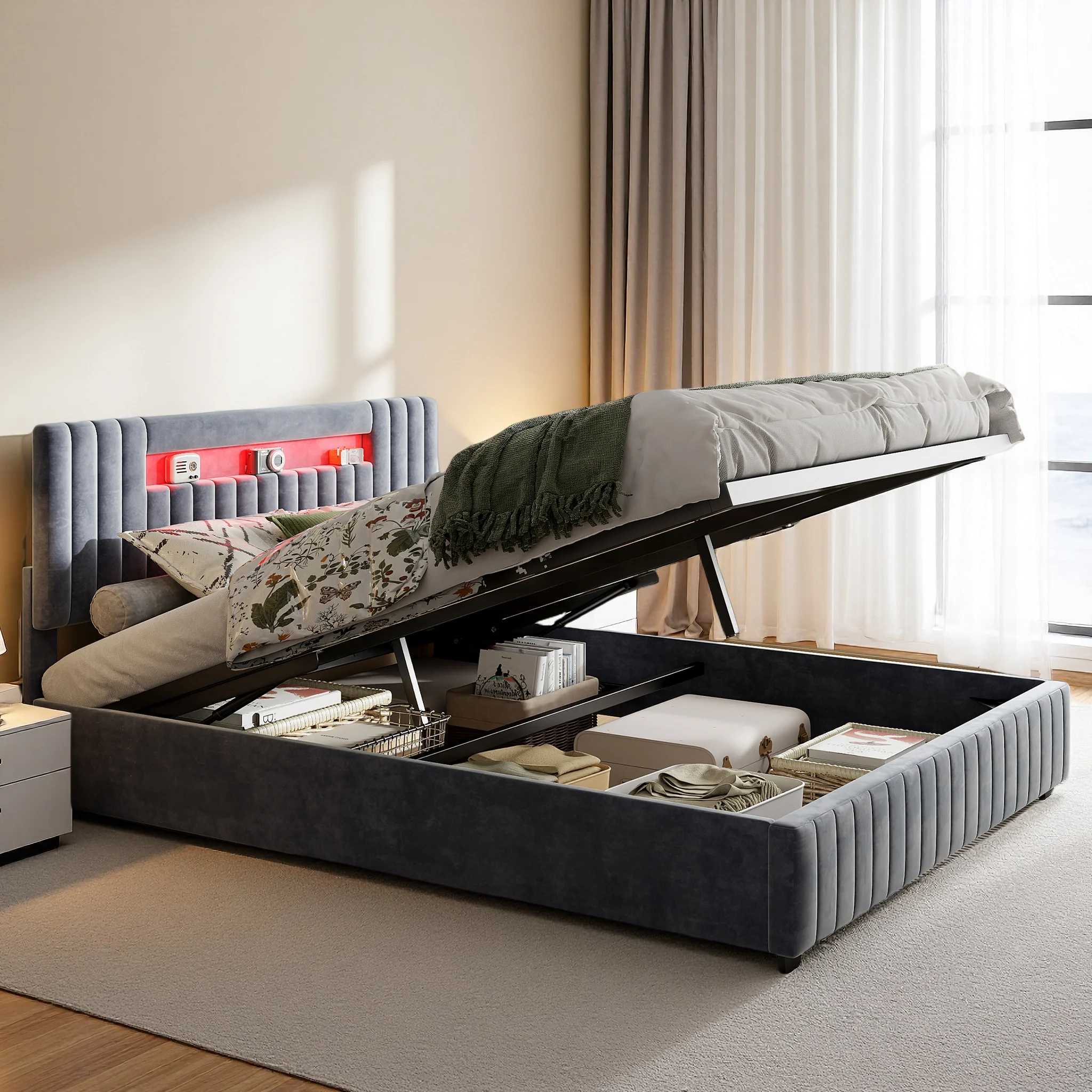 Comanlai Bett mit Stauraum und LED-Beleuchtung, grau, Samtbezug, Doppelbettgestell 160x200 140x200 cm Image