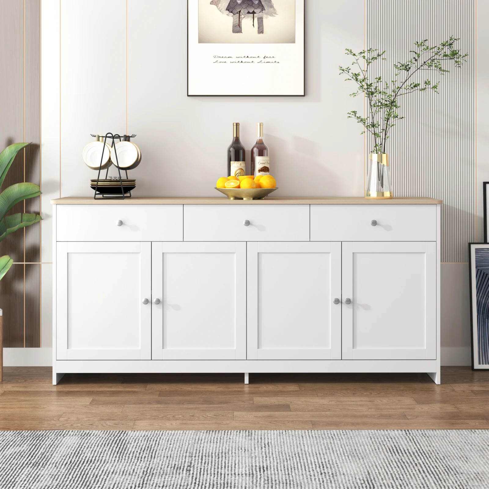 Sideboard, Kommode mit 4 Türen und 3 Schubladen, Küchenschrank mit Verstellbaren Regalen, Buffetschrank, Aufbewahrungsschrank für Wohnzimmer, Esszimmer, Küche, Flur, Natur & Weiß Image