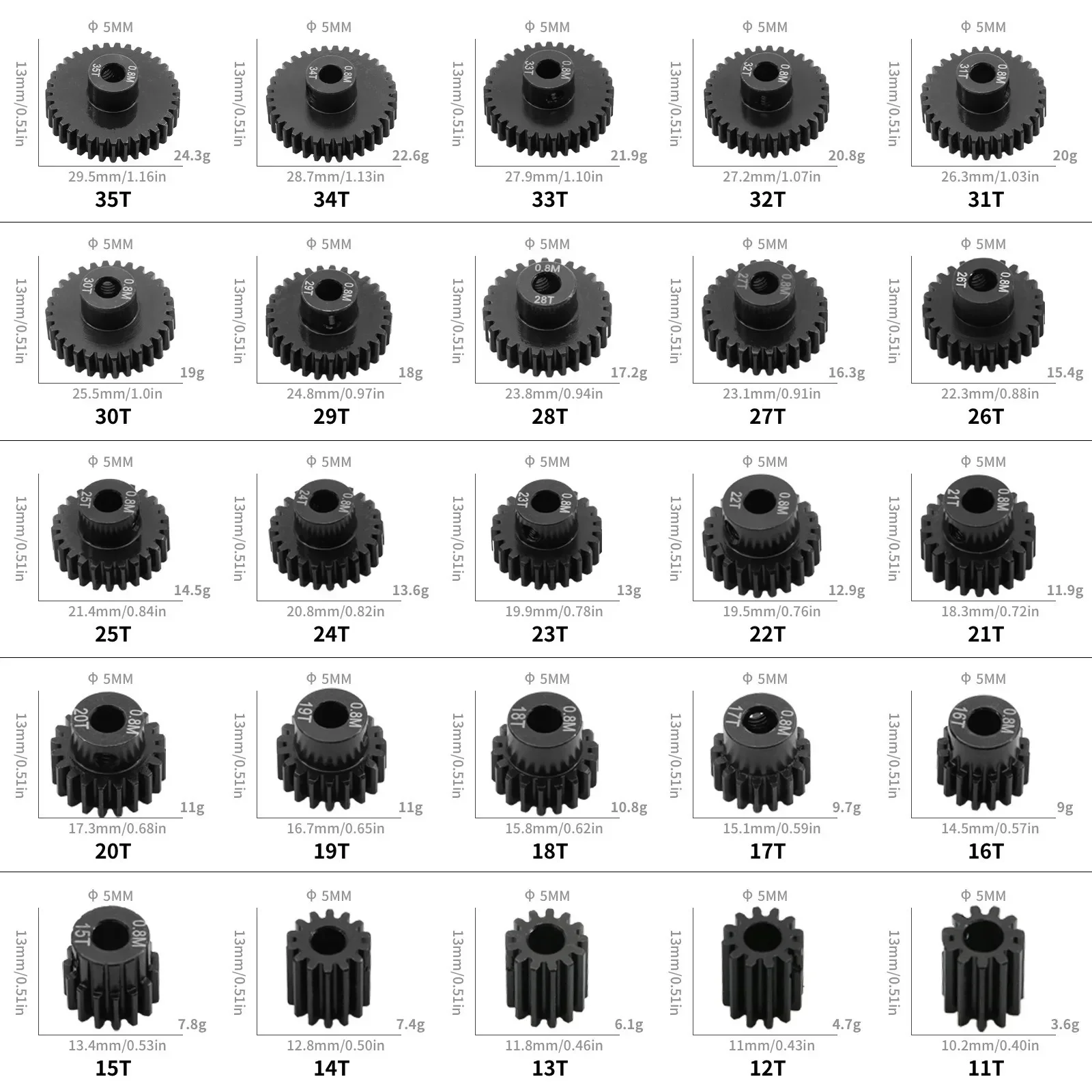 5 stücke 0,8 M 32 P 3,175 5mm 11 T--35 T Gehärtetem Stahl Ritzel Getriebe Motor Getriebe Für 1/8 1/10 RC Modell Auto