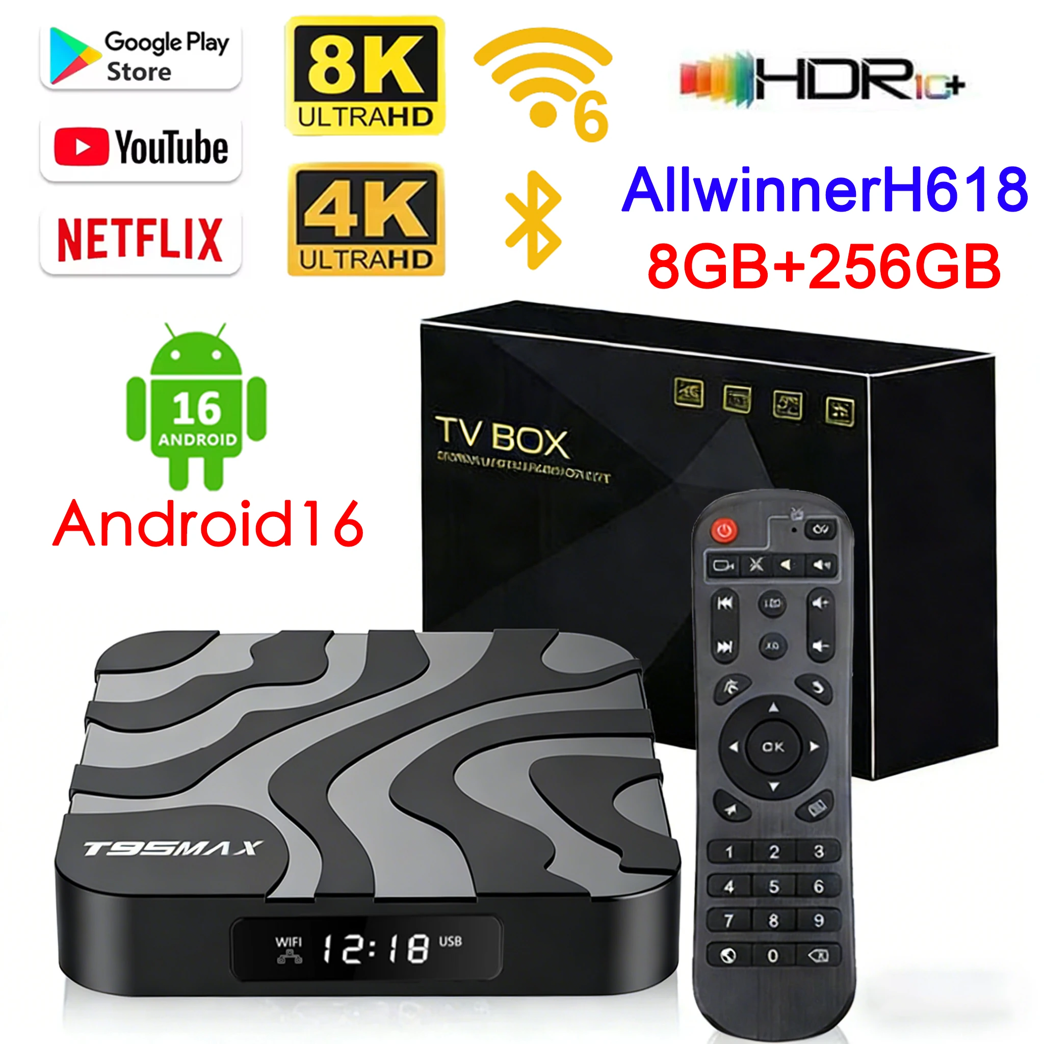 Android 16 T95Max Smart Home Theater TV-Box Allwinner H618 Dual WLAN 8GB RAM 256GB ROM BT5.4 Netflix Google 4K 8K HD Set-Top-Box Image