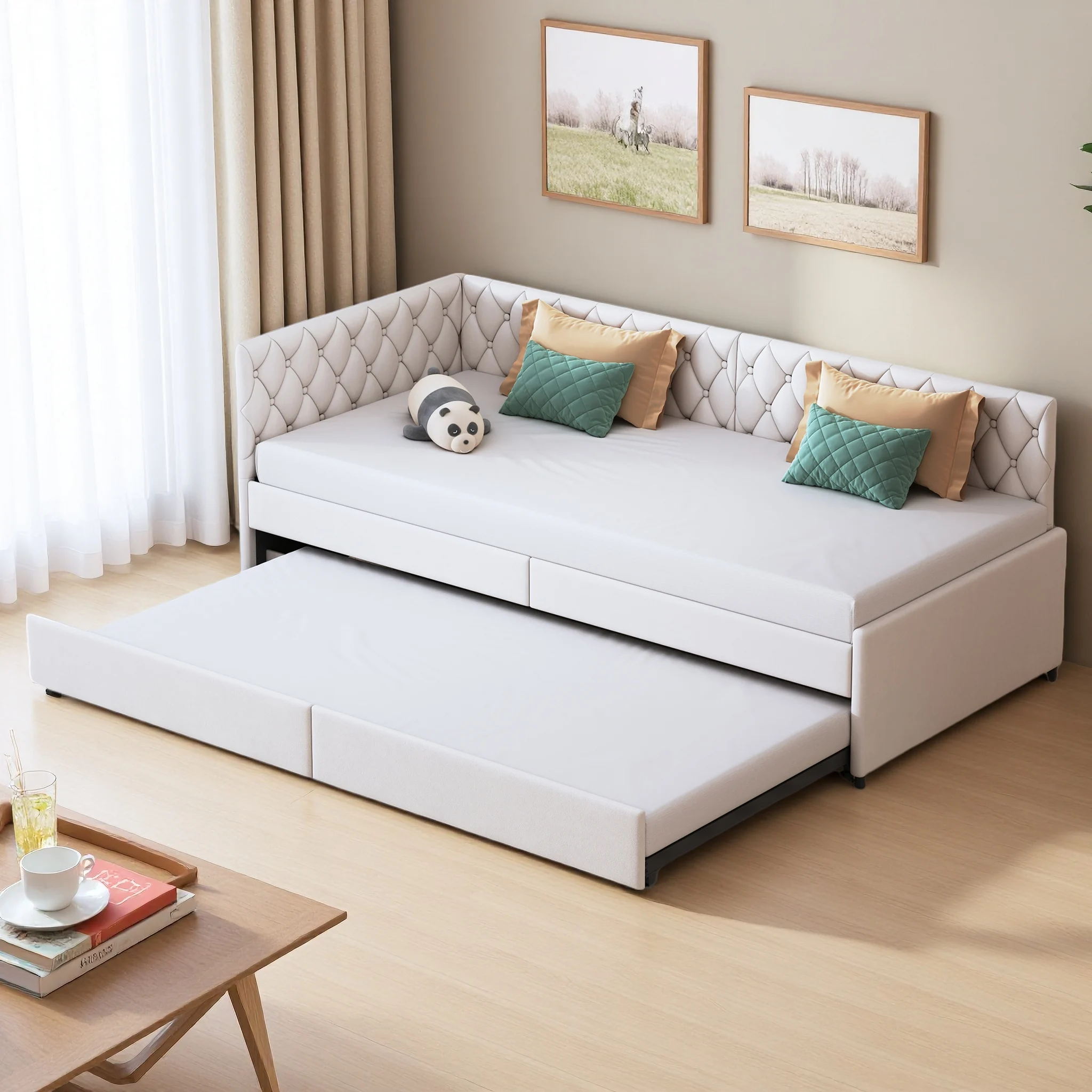 Rosahqnda Polster-Schlafsofa 90x200cm mit ausziehbarem Bett, Lattenrost, Schlafsofa, Einzelbett, Gästebett, Tagesbettgestell Image